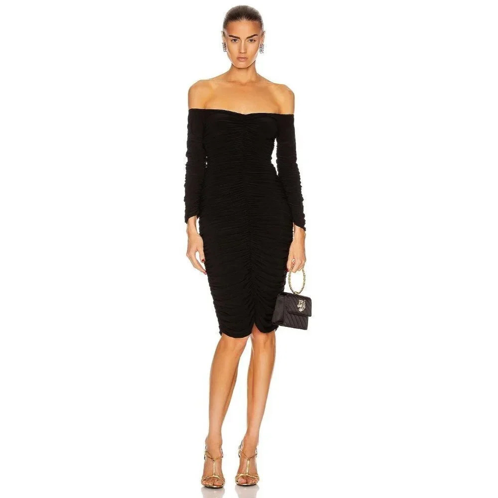NORMA KAMALI Off Shoulder Slinky Dress in Black Small New Womens Midi Cocktail